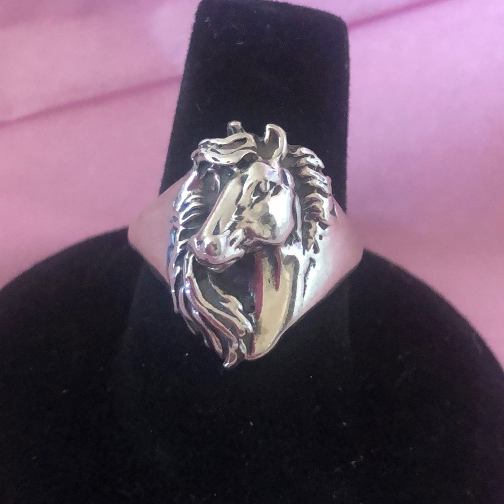 925 Sterling Silver Oxidized Horse Equestrian Ring